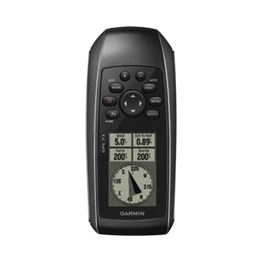 GPS portátil GPSMAP 73 con pantalla de cristal liquido, escala de 4 niveles de gris, hasta mil puntos de almacenamiento interno, sumergible y flotante.