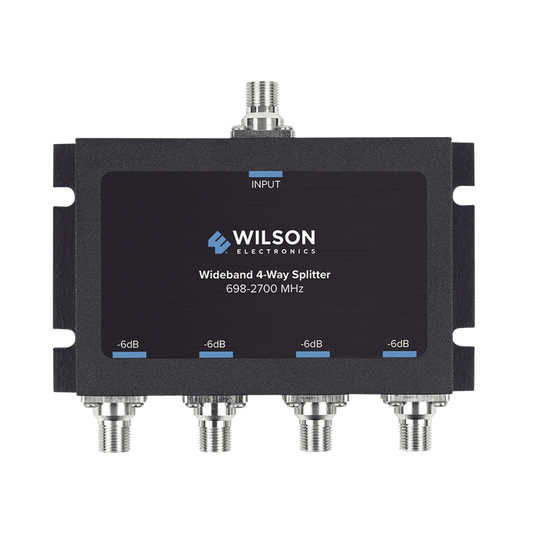 Divisor de potencia de 4 vías para la distribución de señal a dos antenas de servicio | 6 dB de pérdida por puerto | Conectores F hembra