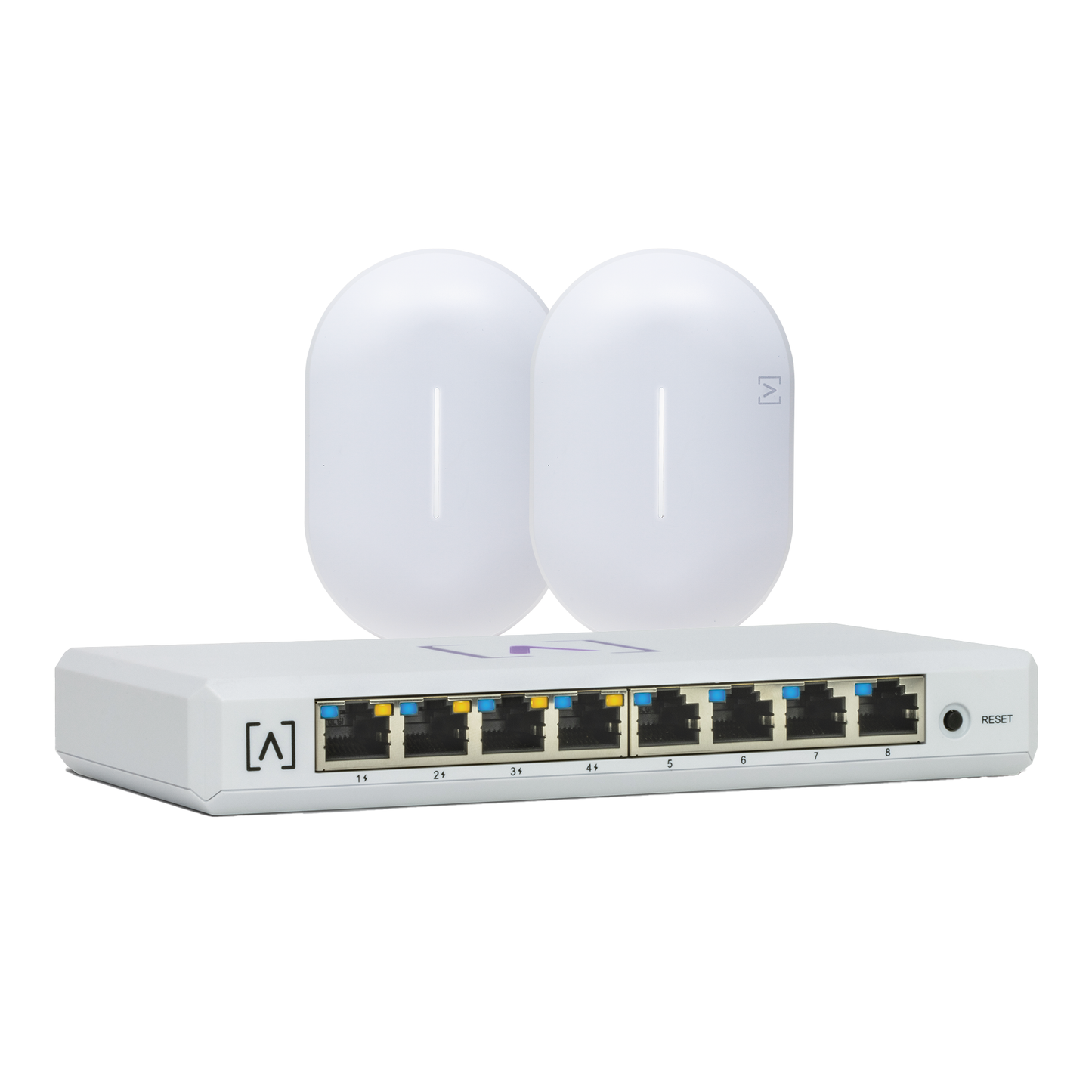 Kit de lanzamiento Alta Labs: Incluye: 1 Switch PoE S8-POE / 2 Puntos de Acceso WiFi 6 AP6 Bloqueo de Contenido / Administración en la Nube/App Gratuita / Compatible con la Plataforma Purple