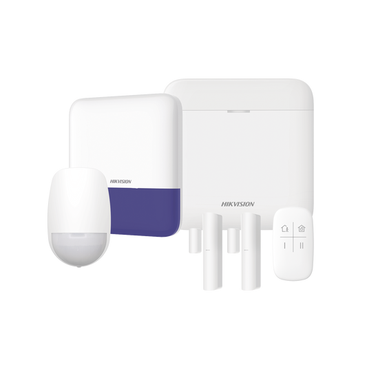 (AX PRO) KIT de Alarma AX PRO / Incluye: 1 Hub con bateria de respaldo / 1 Sensores PIR / 2 Contactos Magnéticos / 1 Control Remoto / 1 Sirena Inalambrica Exterior / WiFi / Compatible con Hik-Connect P2P