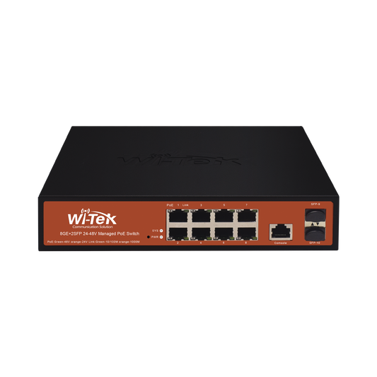 Switch Administrable de 8 puertos Gigabit Ethernet con PoE 802.3 af/at y 24V Pasivo + 2 SFP Gigabit, 150 W